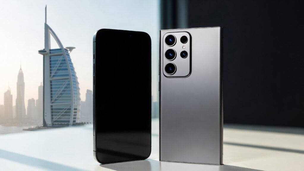 iPhone vs Samsung smartphone comparison in UAE showing design and features side by side