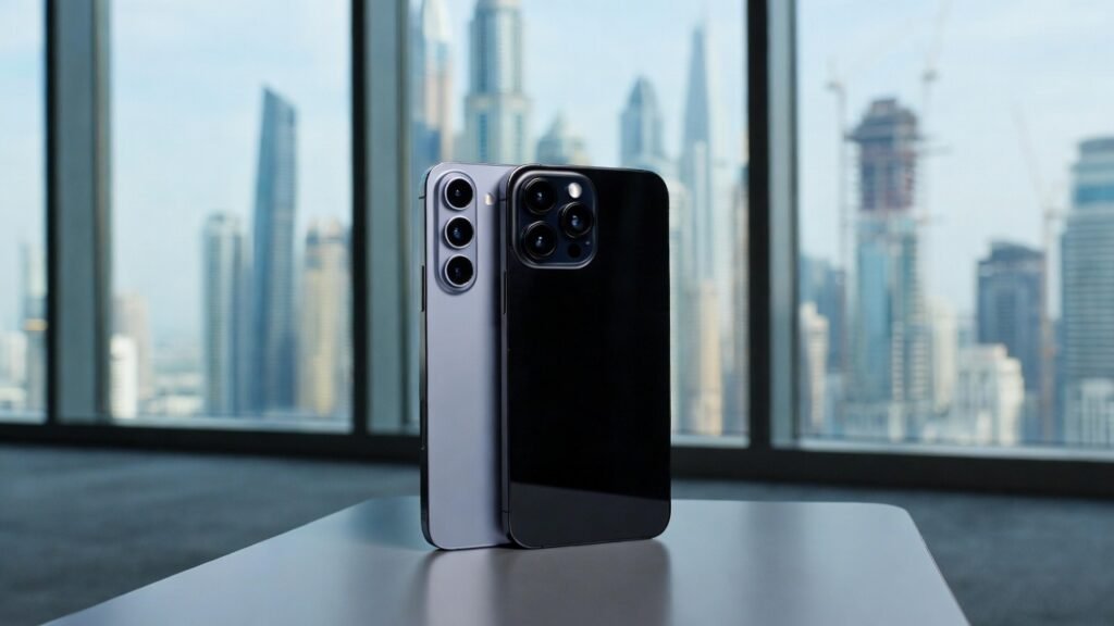 iPhone vs Samsung smartphone comparison in UAE showing design and features side by side