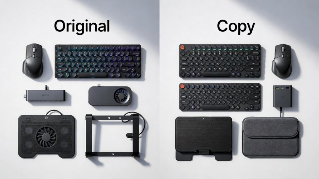 Original and copy laptop accessories in UAE side by side showing genuine wireless mouse, keyboard, cooling pad, USB-C hub, laptop stand, and protective sleeve.
