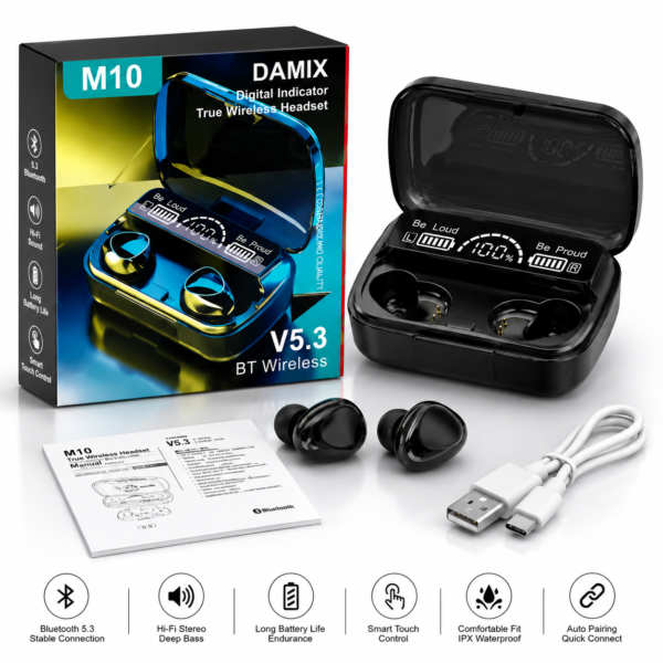 M10 TWS Wireless Earbuds with Digital Display Charging Case – Bluetooth 5.3